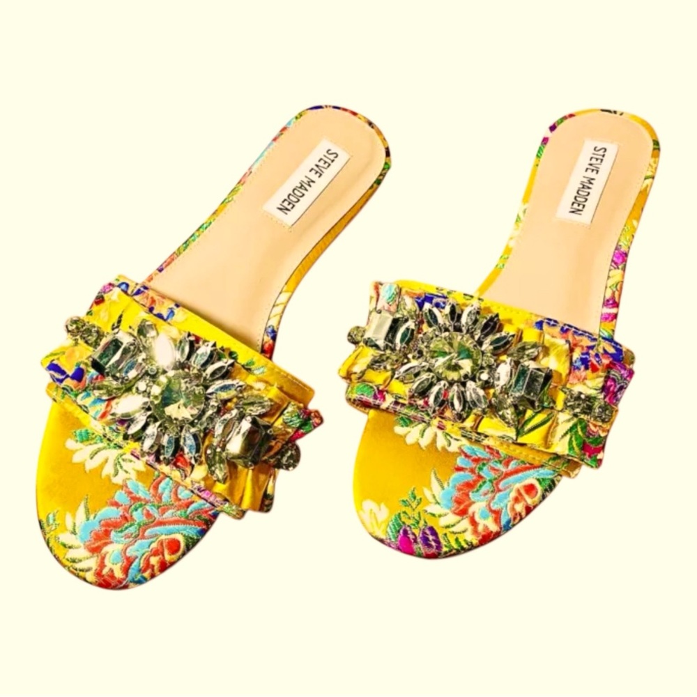 Steve Madden Pomona Rare Yellow Multi Color Floral Flat Embellished Sandal Sz7.5